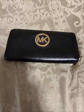 Michael Kors Black Leather Zip Wallet with Gold MK Emblem